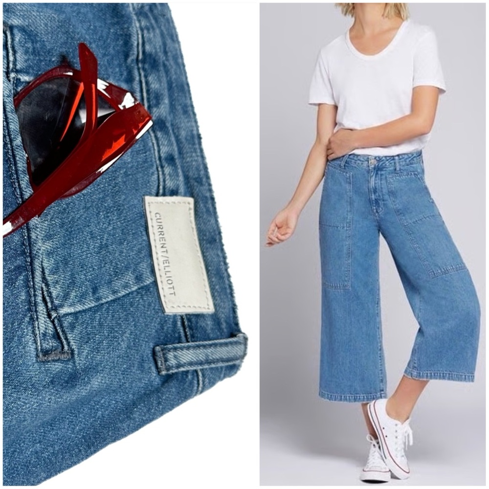Current/Elliott The Forum Wide-Leg Cropped Jeans Whirlwind Medium Blue Denim